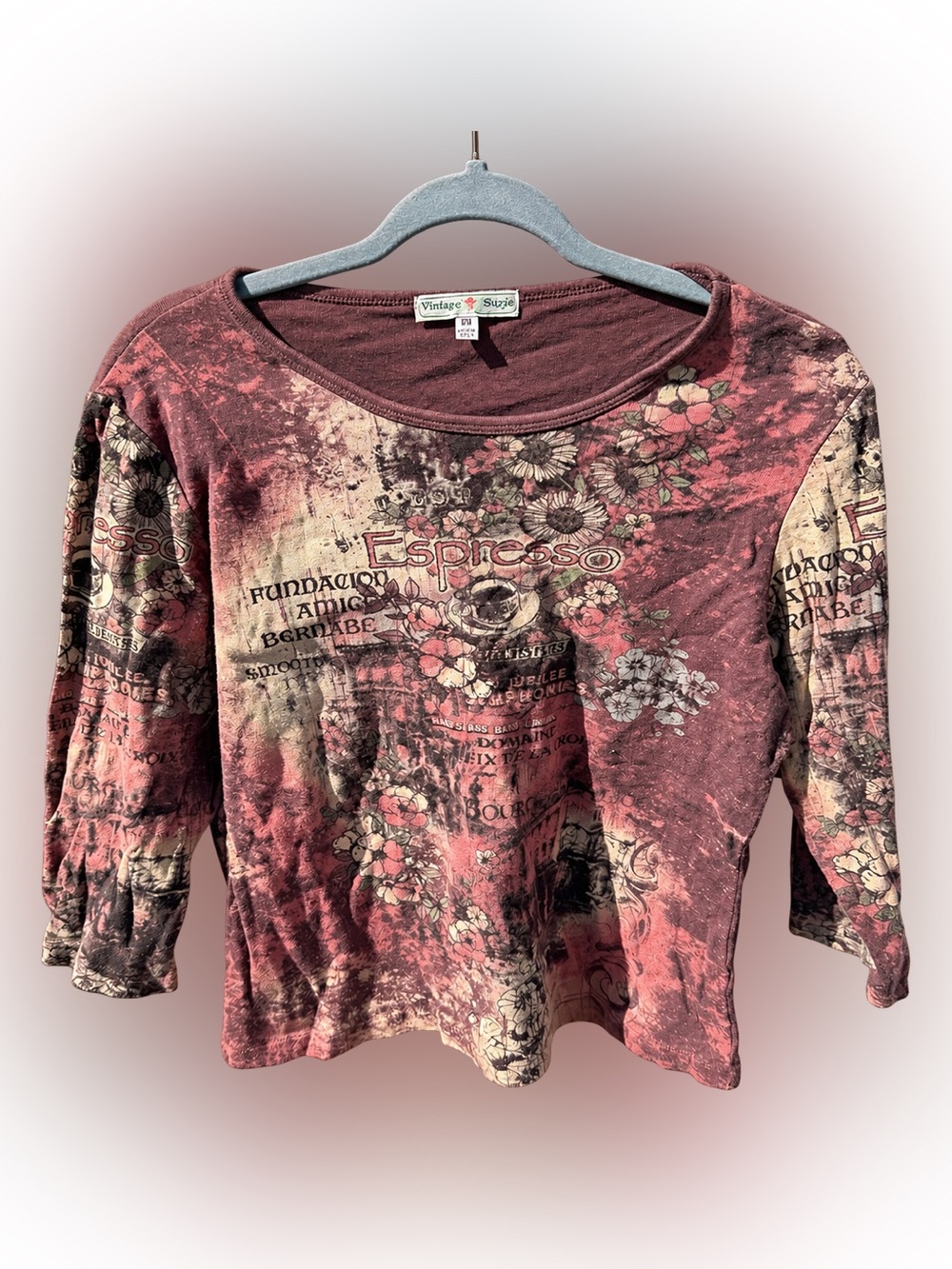 Vintage Suzie Maroon and Cream Floral Espresso Graphic Long Sleeve Top